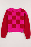 Checkered Round Neck Dropped Shoulder Sweater - Trendsi - Flyclothing LLC