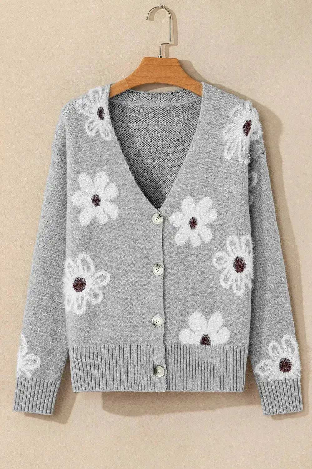 Flower Button Up Long Sleeve Cardigan - Trendsi - Flyclothing LLC