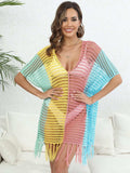 Fringe Color Block Scoop Neck Cover Up - Trendsi - Flyclothing LLC