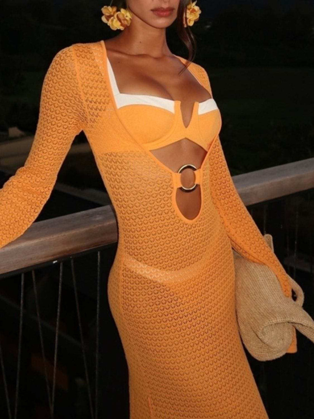 Slit Plunge Flare Sleeve Cover-Up Dress - Trendsi - Flyclothing LLC