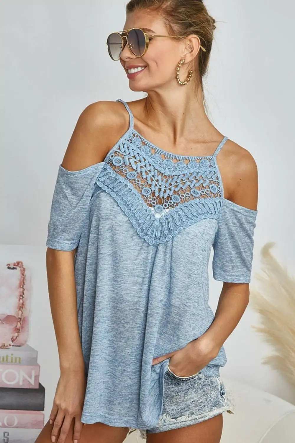 BiBi Front Crochet Lace Adjustable Strap Top - Trendsi - Flyclothing LLC