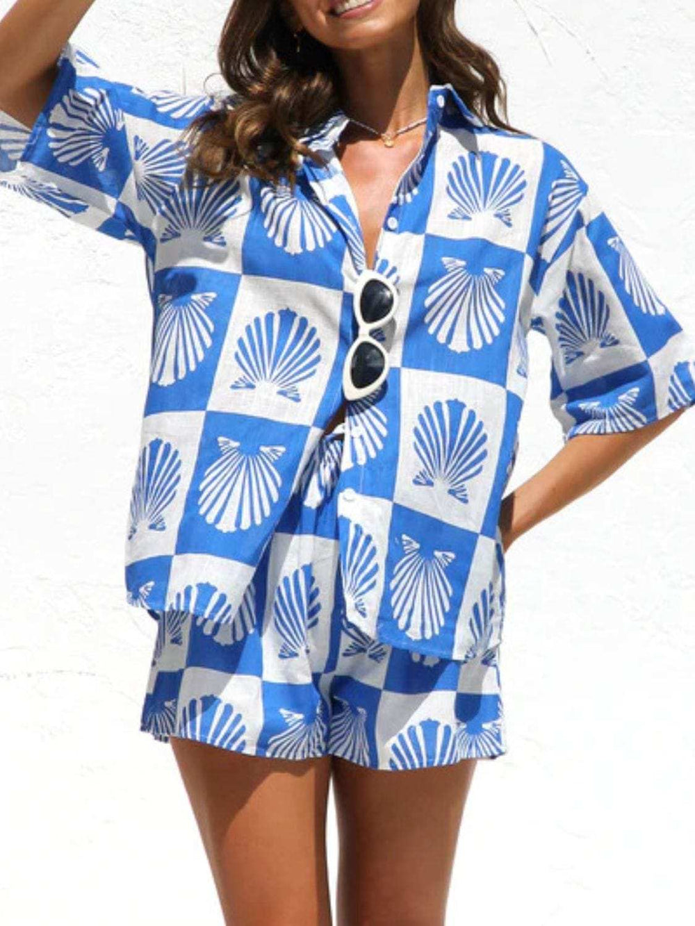 Printed Button Down Short Sleeve Top and Shorts Set - Trendsi - Flyclothing LLC