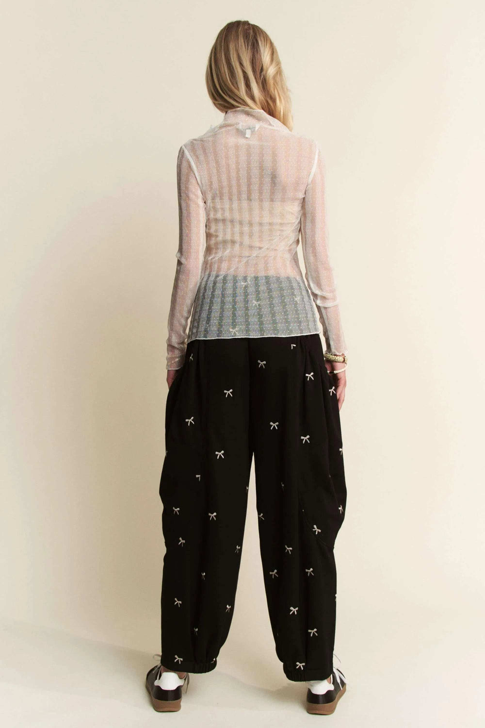 Davi & Dani Turtle Neck Lace Dotted Stretch Mesh Sheer Top - Trendsi - Flyclothing LLC