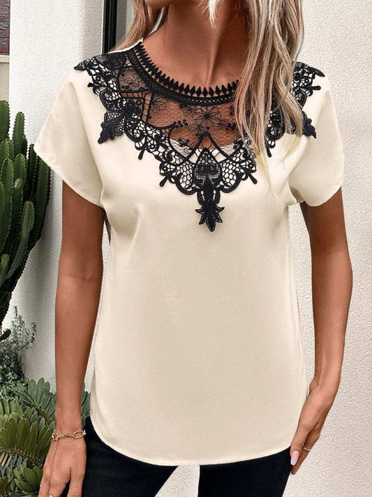 Lace Detail Round Neck Short Sleeve Blouse - Trendsi - Flyclothing LLC