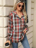 Drawstring Plaid Hooded Long Sleeve Top - Trendsi - Flyclothing LLC
