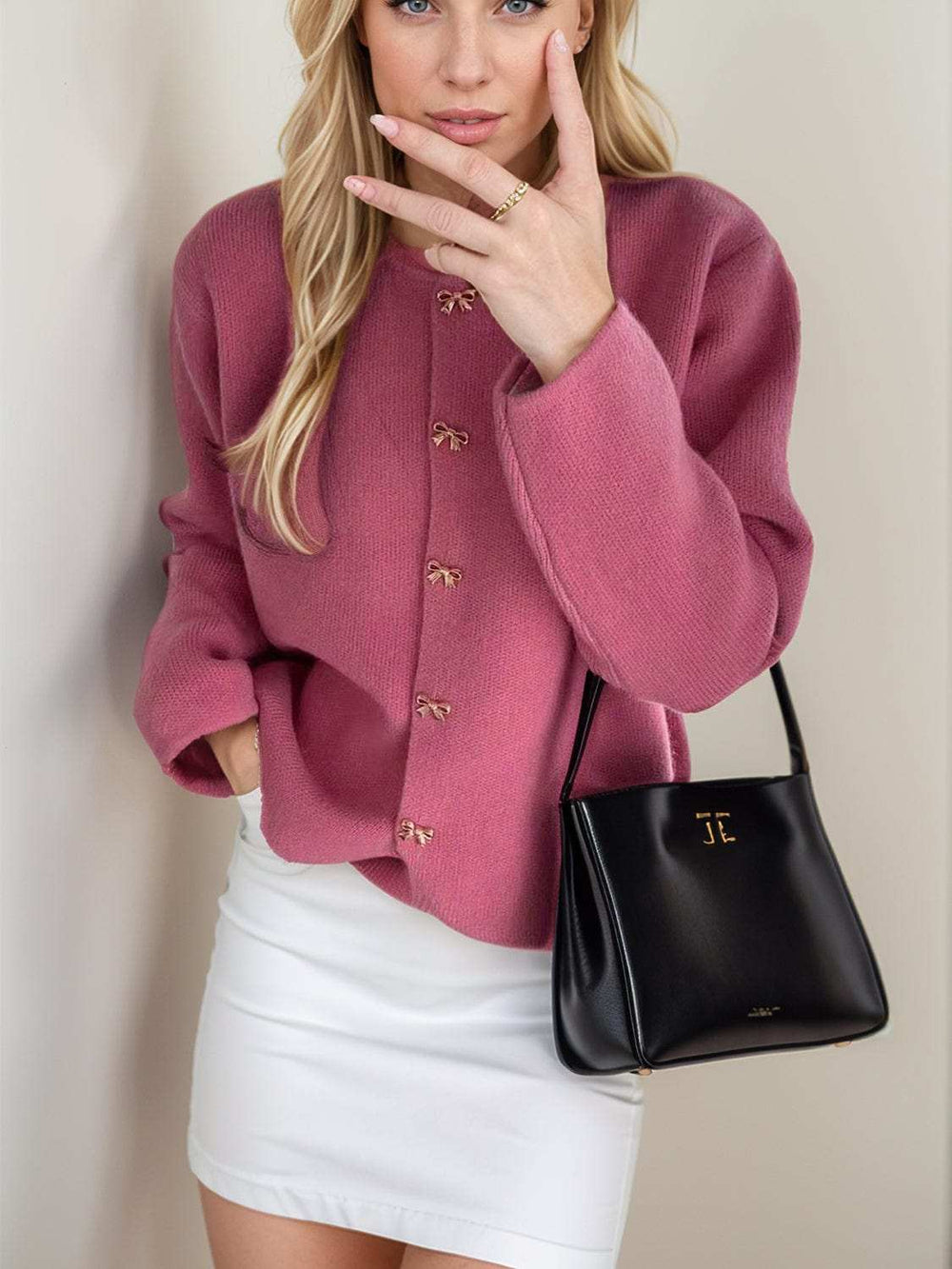 Bow Button Down Round Neck Long Sleeve Cardigan - Trendsi - Flyclothing LLC