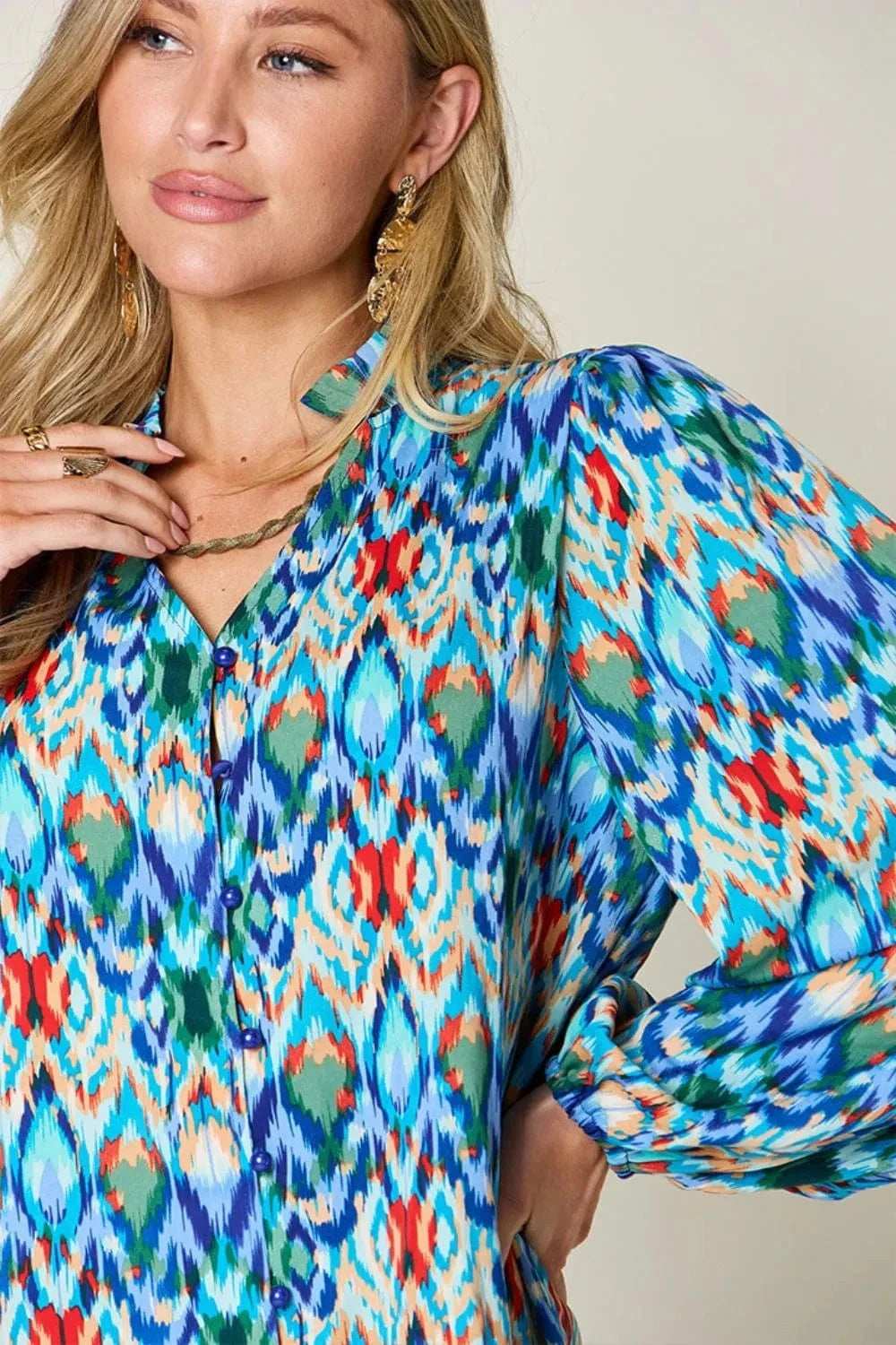 Double Take Full Size Printed Balloon Sleeve Blouse - Trendsi - Flyclothing LLC