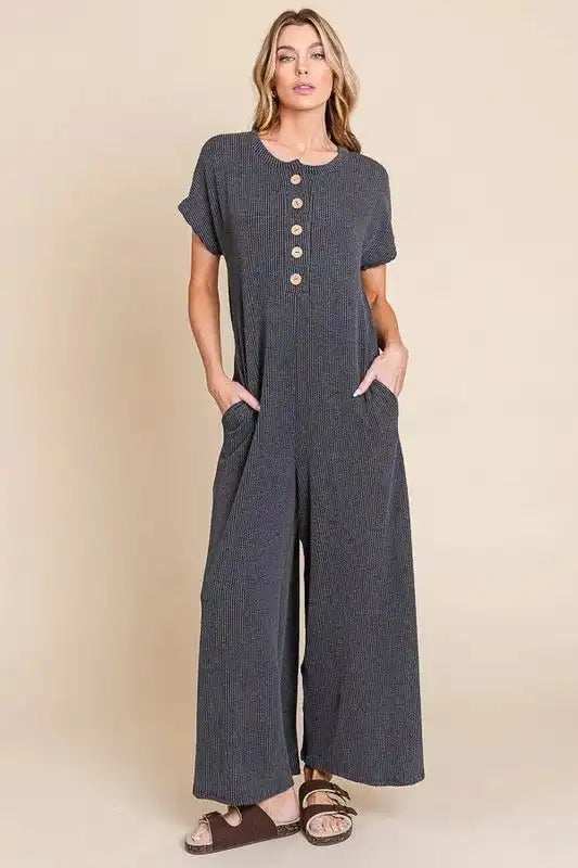 BOMBOM Rib Knit Jumpsuit with Button Detail - Trendsi - Flyclothing LLC