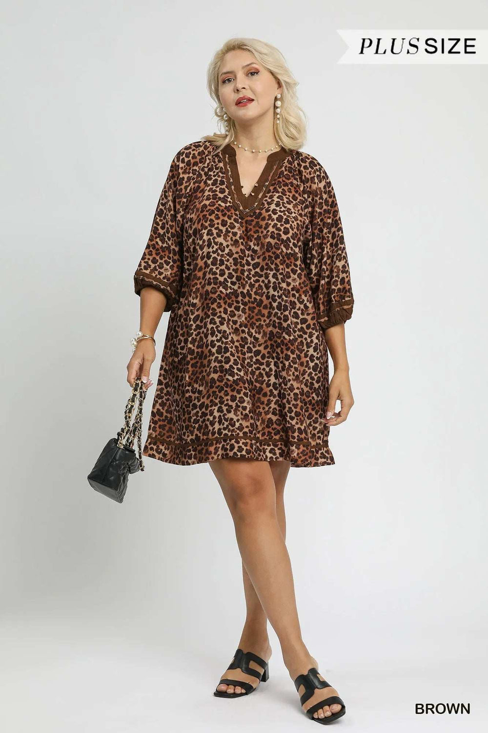 Umgee Full Size Leopard Print Mini Dress with Contrast Trim Plus Size - Trendsi - Flyclothing LLC