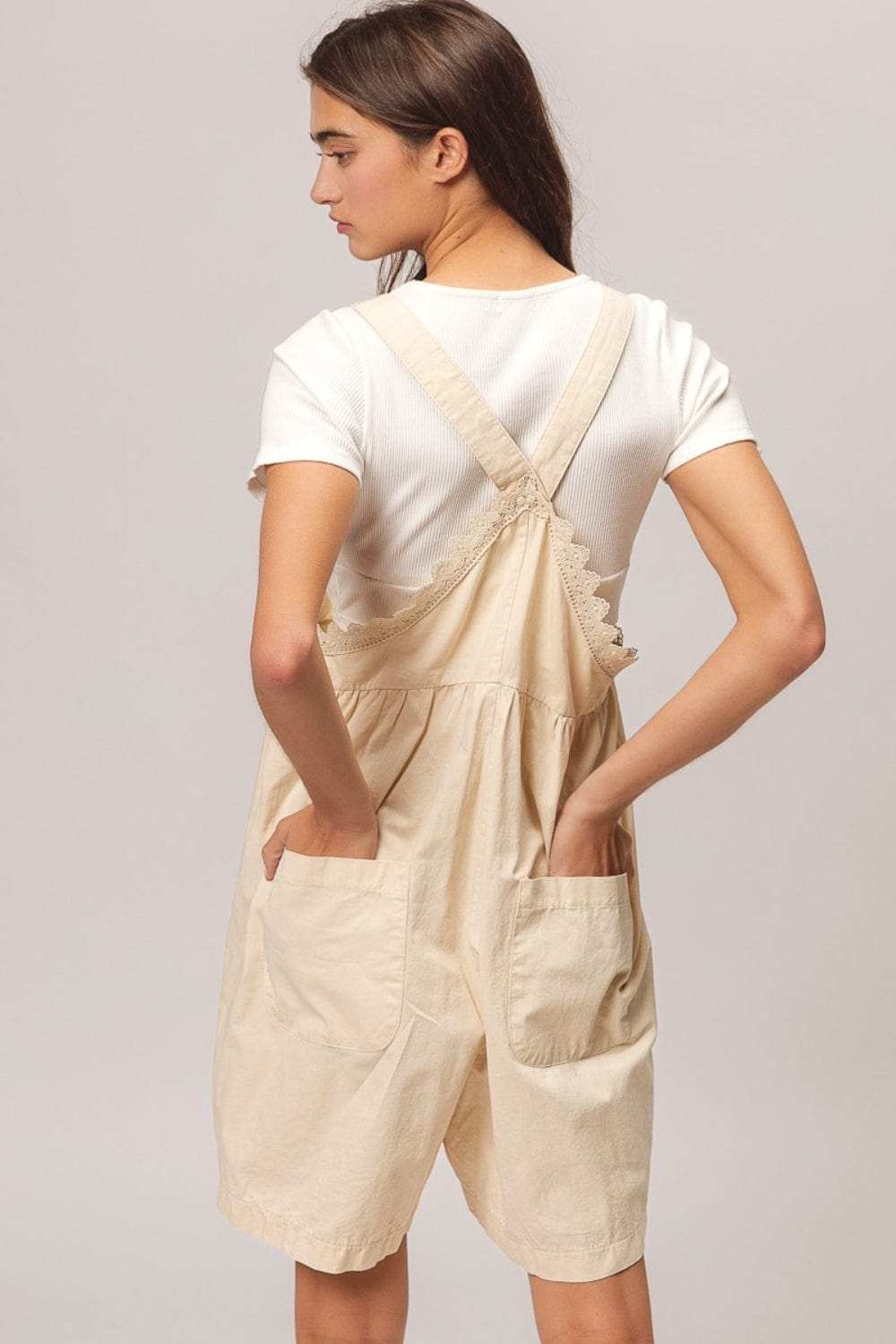 BiBi Back Patch Pocket Lace Trim Rompers - Trendsi - Flyclothing LLC