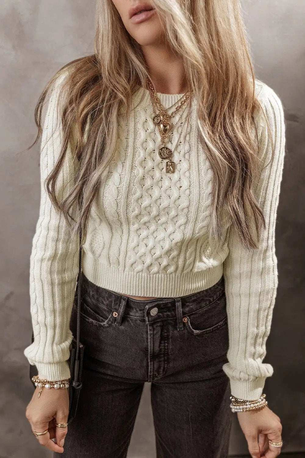 Cable-Knit Round Neck Long Sleeve Sweater - Trendsi - Flyclothing LLC