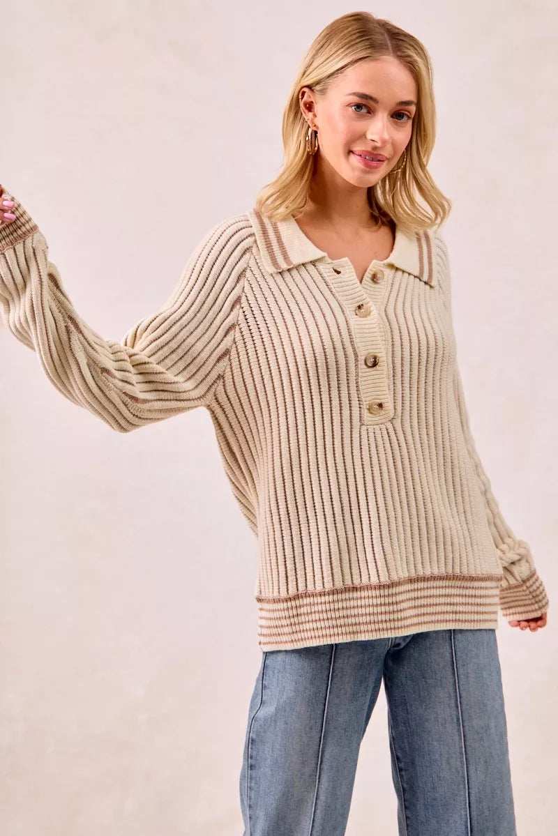 BiBi Half Button Ribbed Two Tone Sweater - Trendsi - Flyclothing LLC