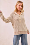 BiBi Half Button Ribbed Two Tone Sweater - Trendsi - Flyclothing LLC