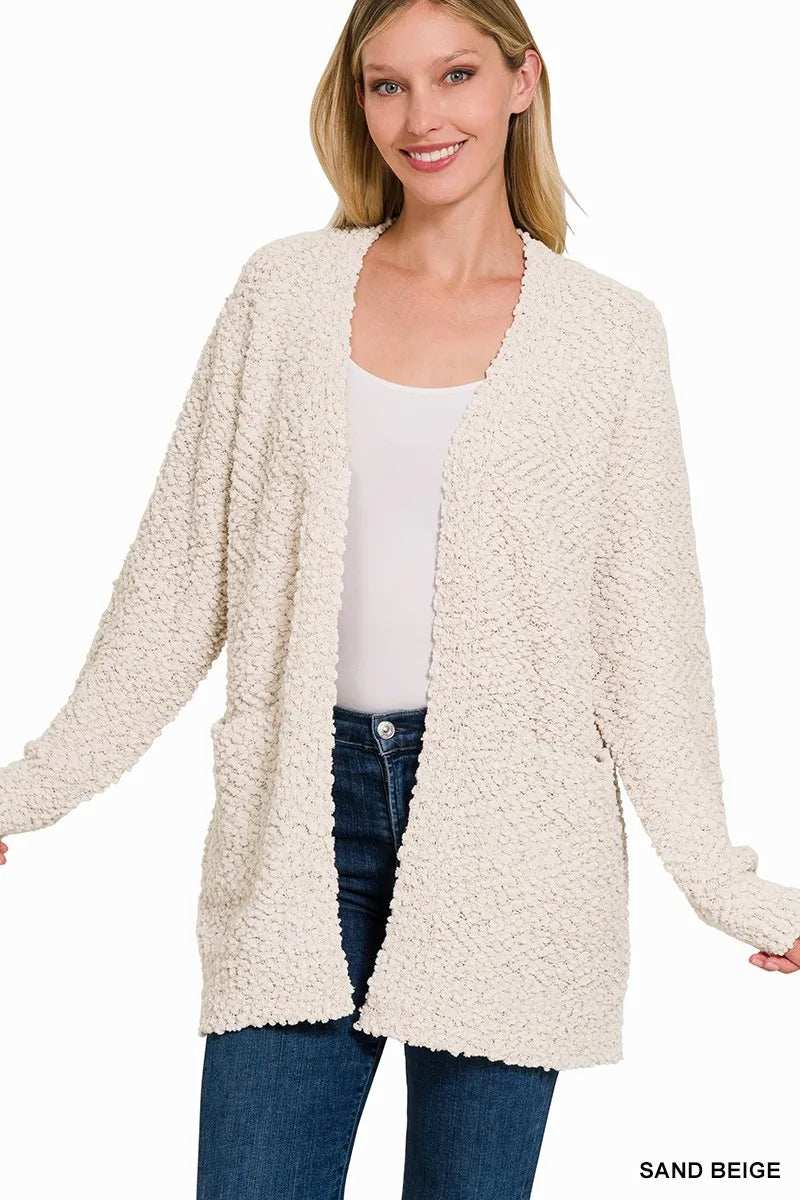 Zenana Long Sleeve Popcorn Sweater Cardigan with Pockets - Trendsi - Flyclothing LLC