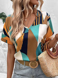 Printed V-Neck Short Sleeve Blouse - Trendsi - Flyclothing LLC