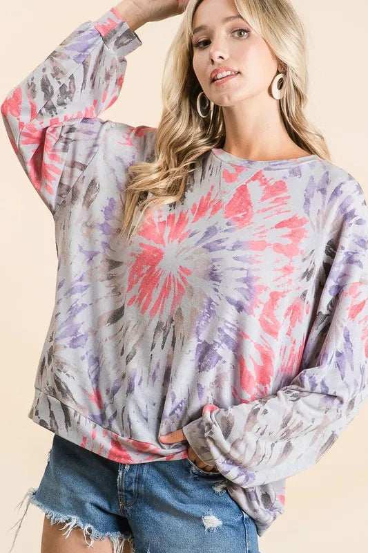 BiBi Tie Dye Print Terry Pull Over - Trendsi - Flyclothing LLC