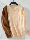Two Tone Cable Knit Round Neck Long Sleeve Sweater - Trendsi - Flyclothing LLC