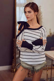 BiBi Stripe Yarn Dye Waffle One Shoulder Ribbon Detail Top - Trendsi - Flyclothing LLC