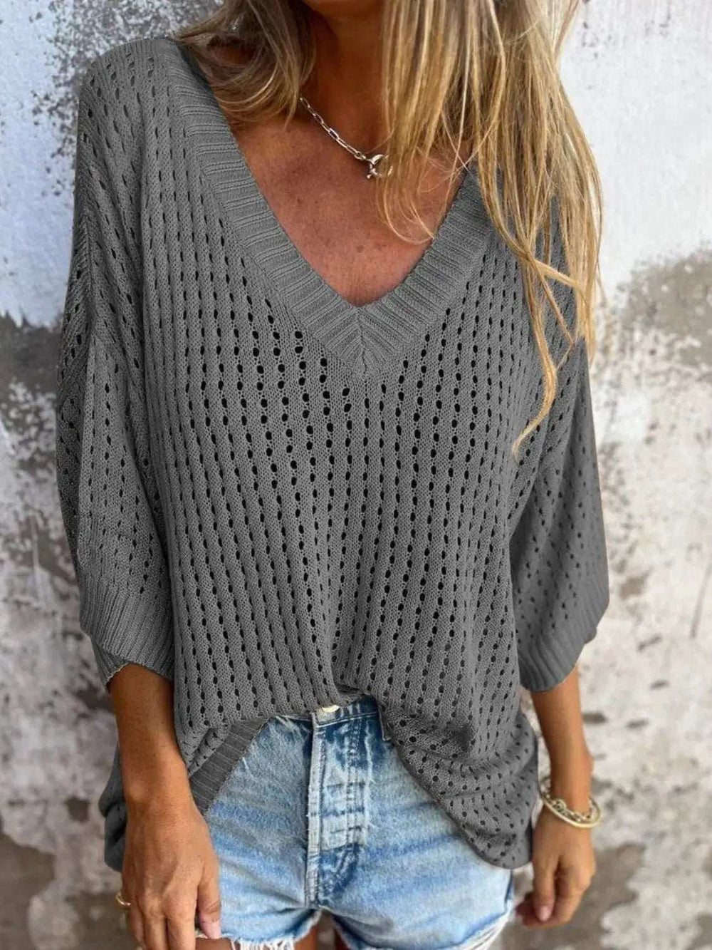 Full Size Openwork V-Neck Knit Cover Up Plus Size - Trendsi - Flyclothing LLC