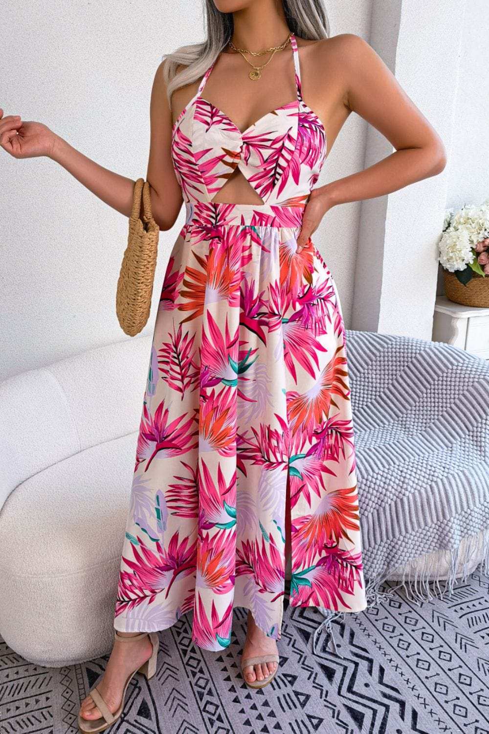 Botanical Print Tied Backless Cutout Slit Dress - Trendsi - Flyclothing LLC