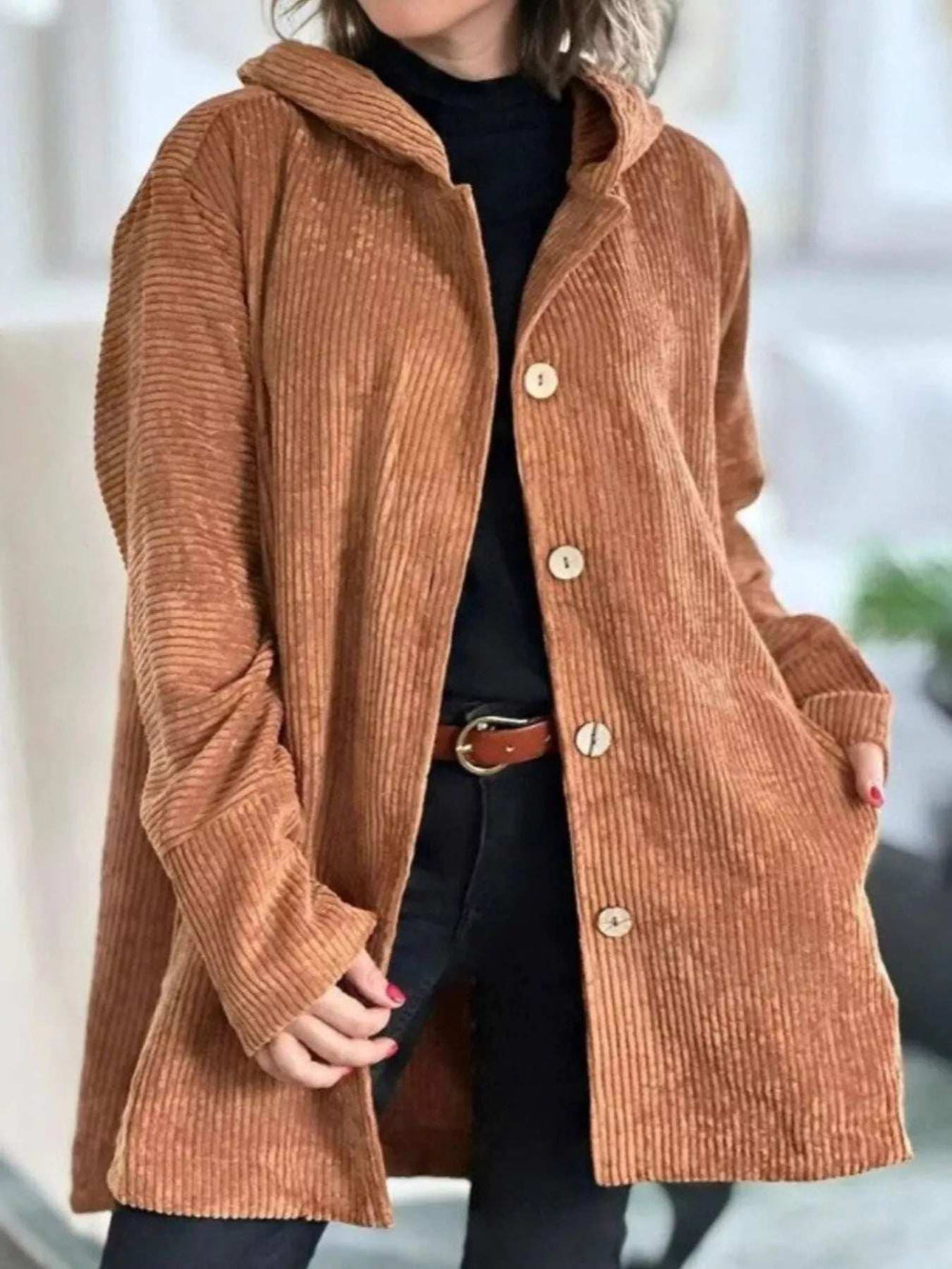 Full Size Corduroy Hooded Button-Up Jacket Plus Size - Trendsi - Flyclothing LLC