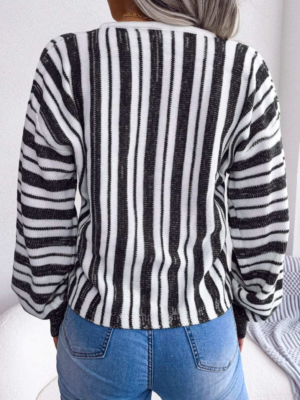 Striped Lace-Up Long Sleeve Sweater - Trendsi - Flyclothing LLC