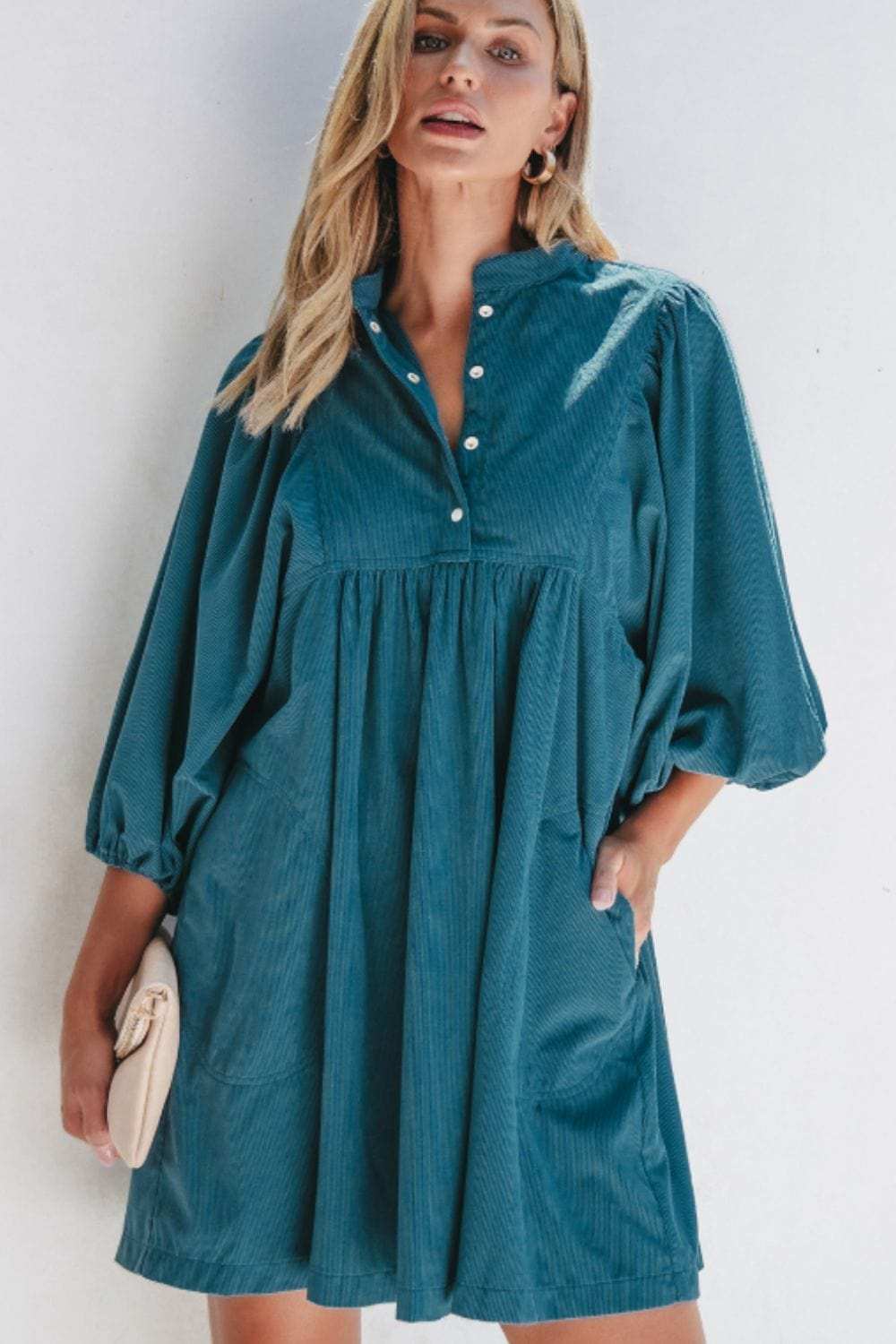 Corduroy Quarter Snap Three-Quarter Sleeve Dress - Trendsi - Flyclothing LLC