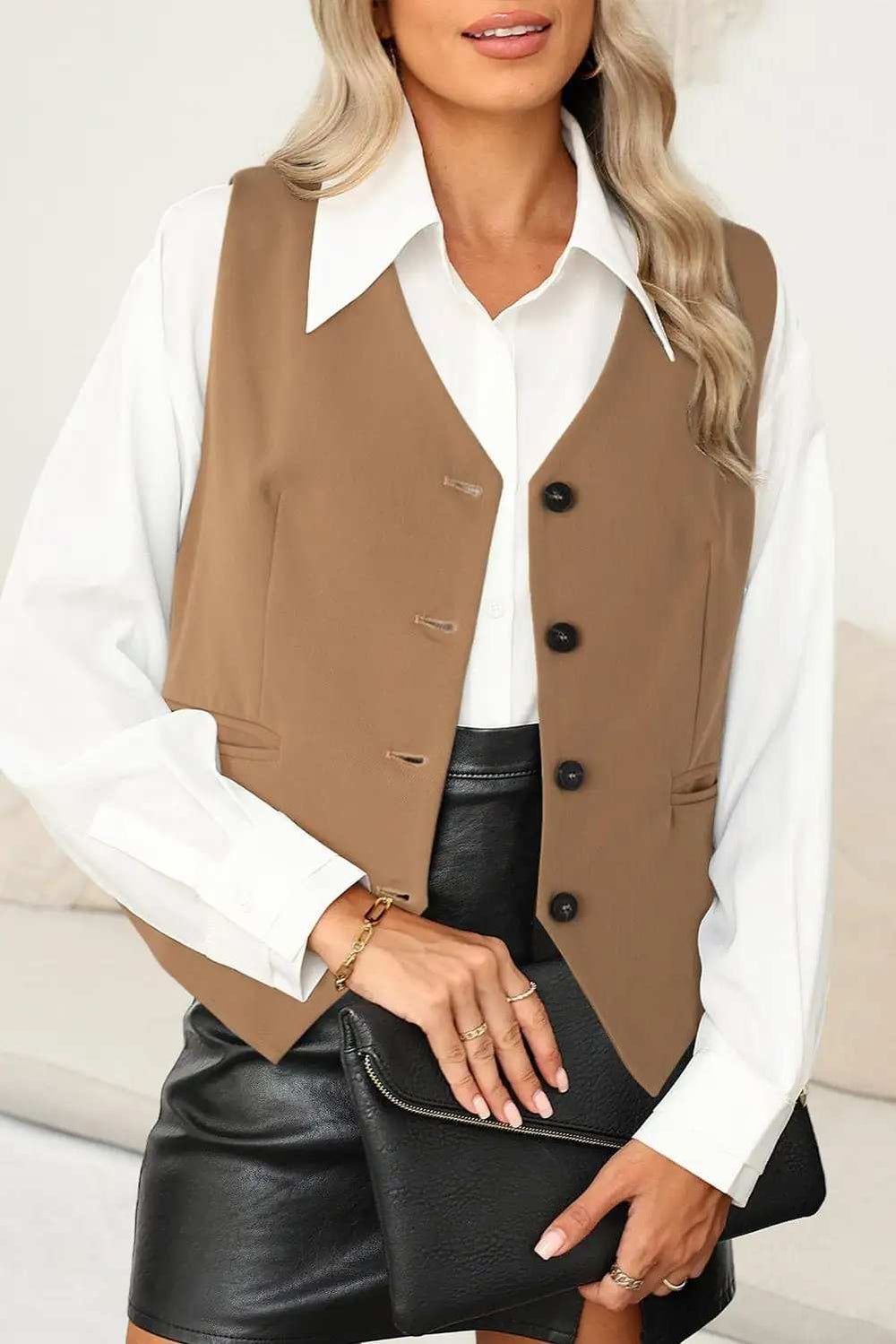 Pocketed Button Up Vest - Trendsi - Flyclothing LLC