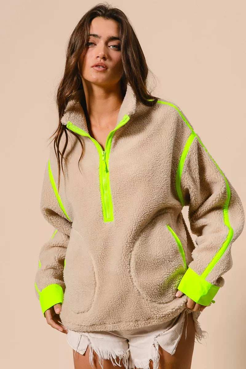 BiBi Contrast Edge Half Zip Up Sherpa Jacket - Trendsi - Flyclothing LLC