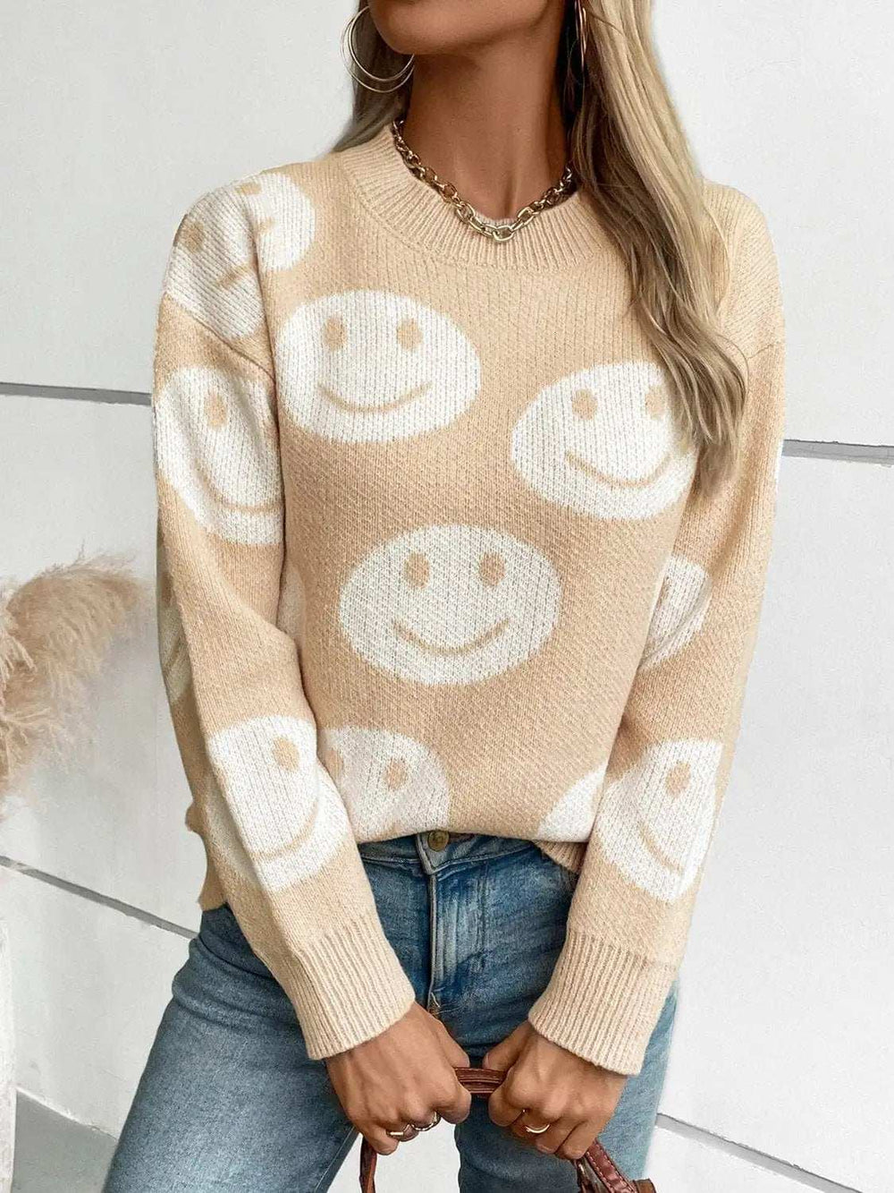Smile Pattern Round Neck Long Sleeve Sweater - Trendsi - Flyclothing LLC