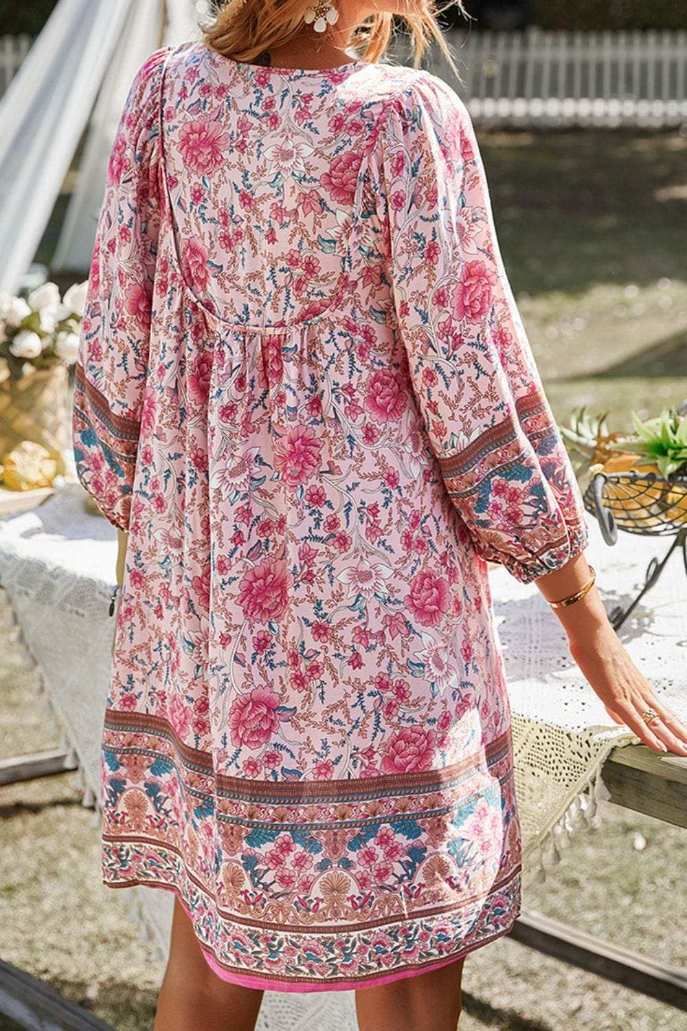 Devine Printed Tie Neck Mini Dress - Trendsi - Flyclothing LLC