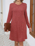 Decorative Button Round Neck Long Sleeve Dress - Trendsi - Flyclothing LLC