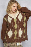 POL V-Neck Argyle Pattern Mohair Sweater with Contrast Exposed Stitch Detail - Trendsi - Flyclothing LLC