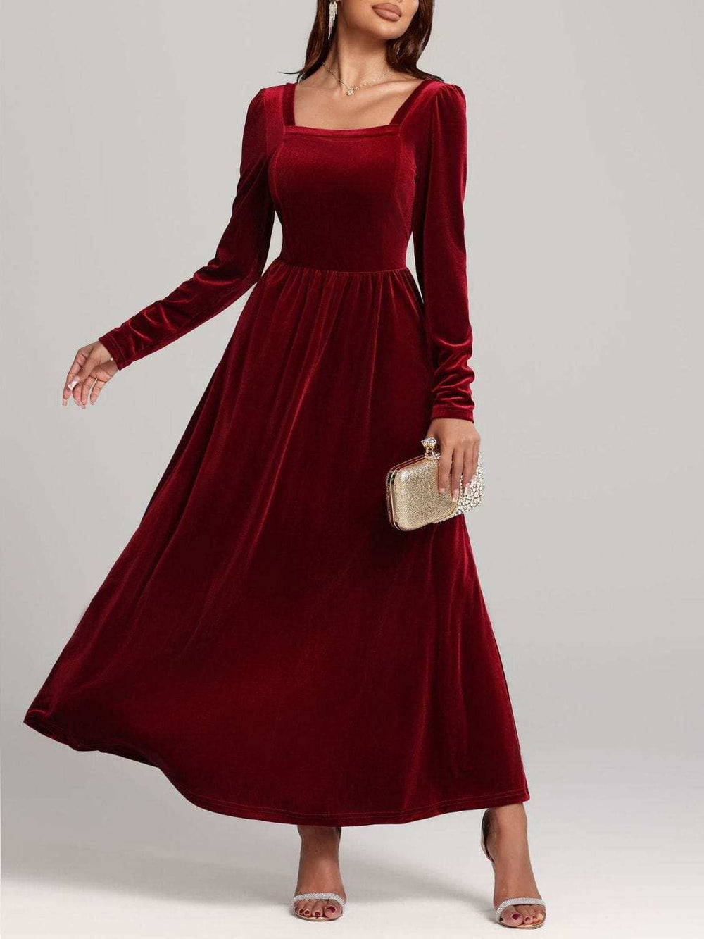 Velvet Square Neck Long Sleeve Dress - Trendsi - Flyclothing LLC