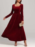 Velvet Square Neck Long Sleeve Dress - Trendsi - Flyclothing LLC