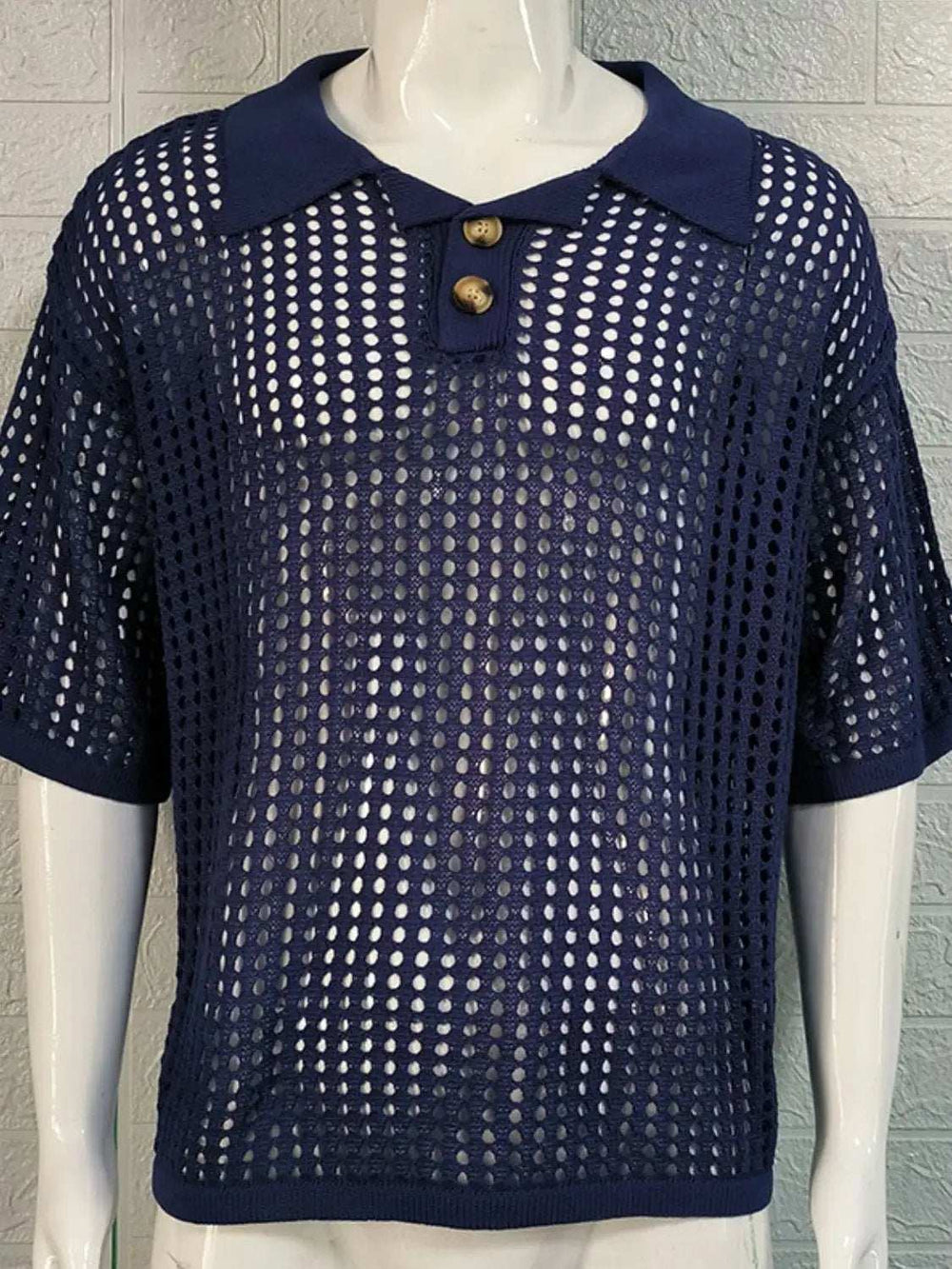 Men's Plus Size Openwork Collared Neck Quarter Button Knit Polo - Trendsi - Flyclothing LLC