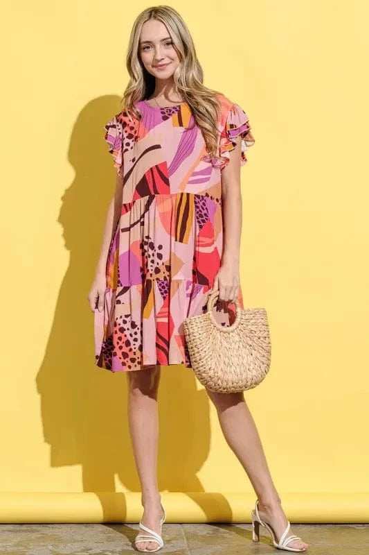 And The Why Printed Double Ruffles Sleeve Dress - Trendsi - Flyclothing LLC