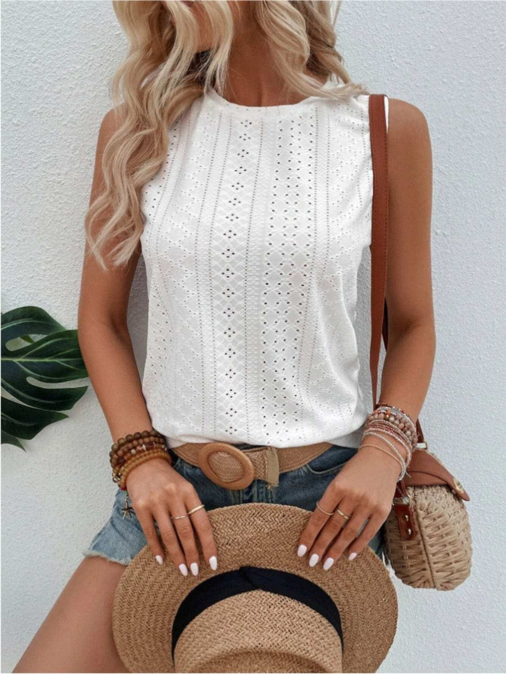 Eyelet Round Neck Tank - Trendsi - Flyclothing LLC