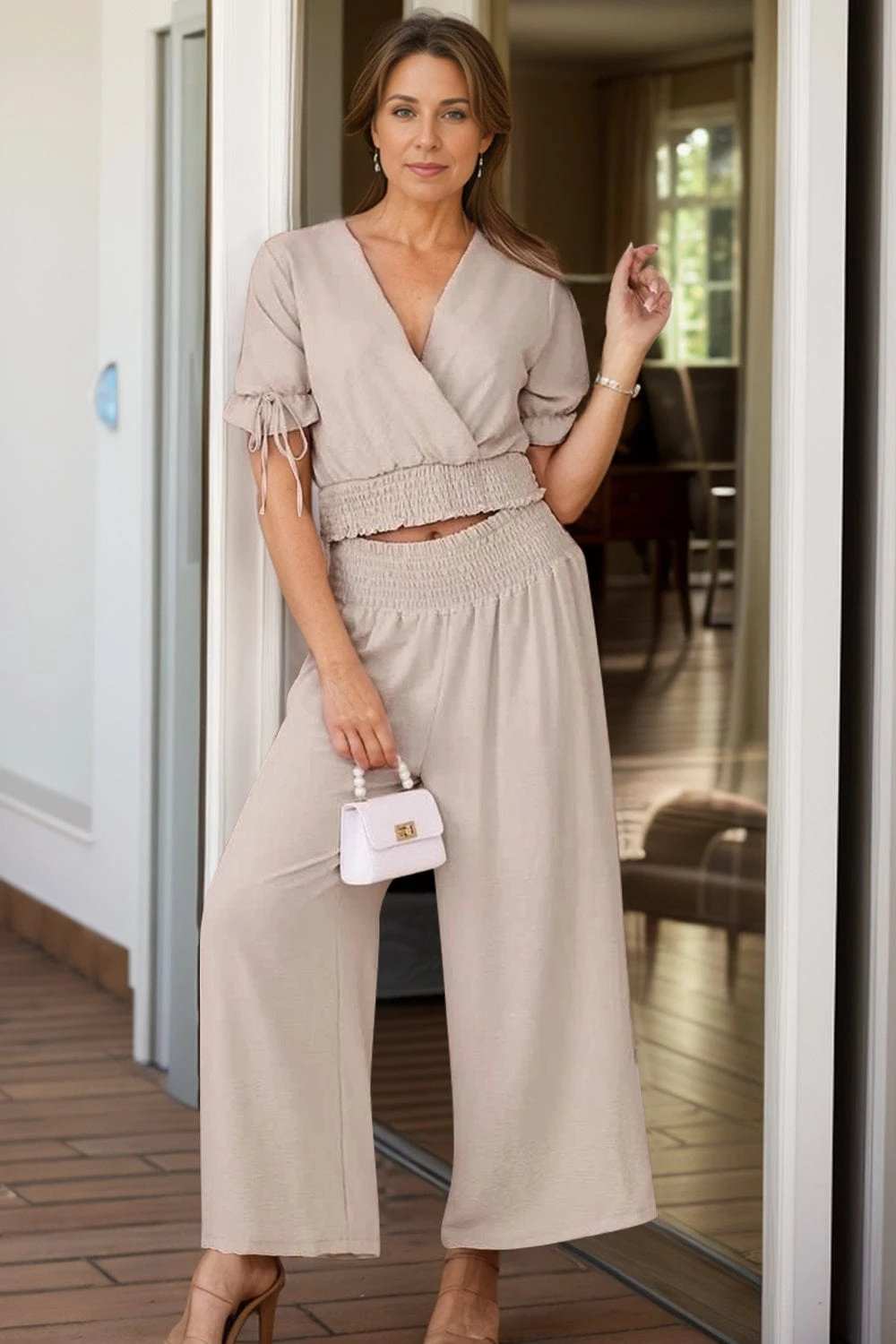 Surplice Short Sleeve Top and Pants Set - Trendsi - Flyclothing LLC