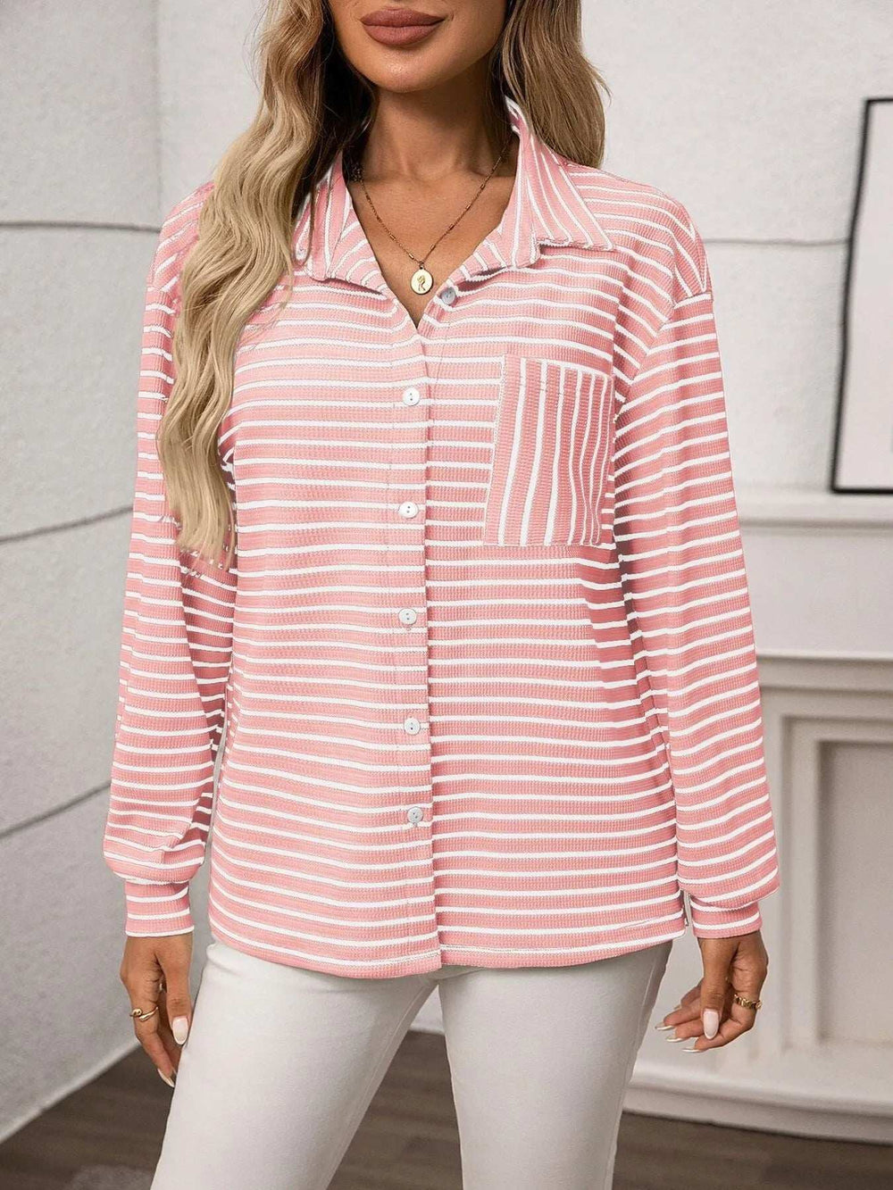 Striped Button Up Long Sleeve Shirt - Trendsi - Flyclothing LLC