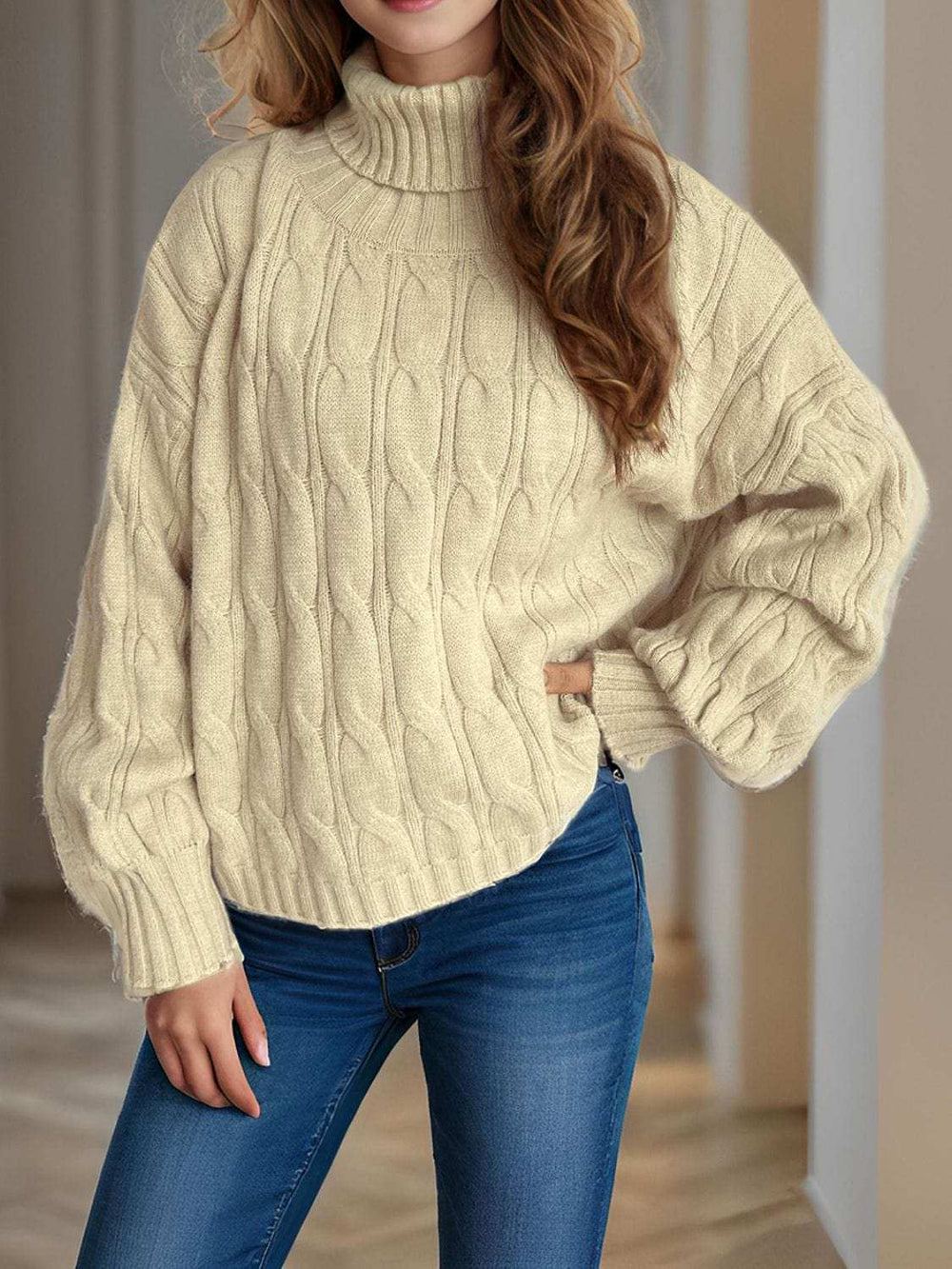 Cable-Knit Turtleneck Long Sleeve Sweater - Trendsi - Flyclothing LLC