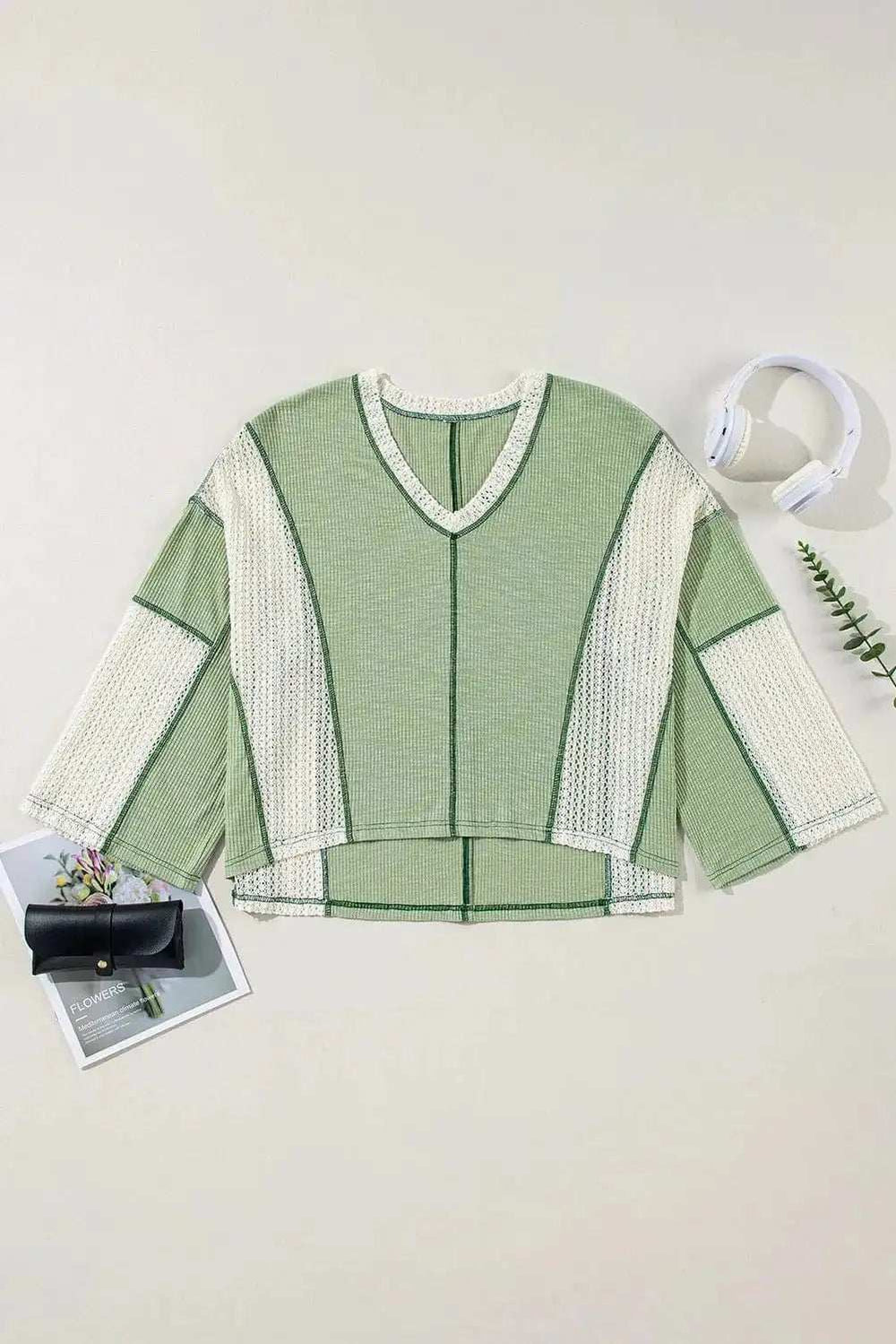 Lace Detail Contrast V-Neck Long Sleeve Blouse - Trendsi - Flyclothing LLC