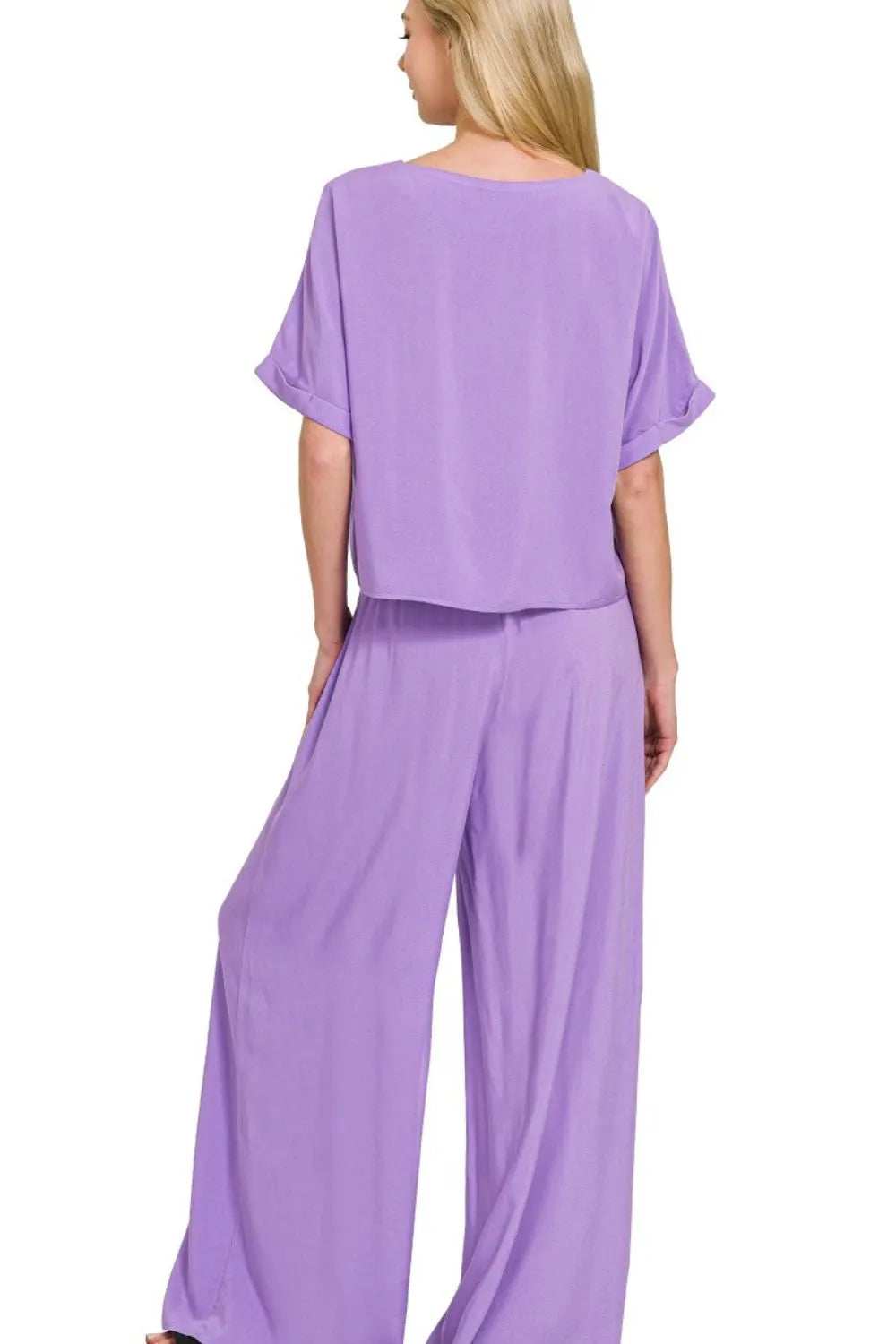 Zenana Round Neck T-Shirt and Wide Leg Pants Set - Trendsi - Flyclothing LLC