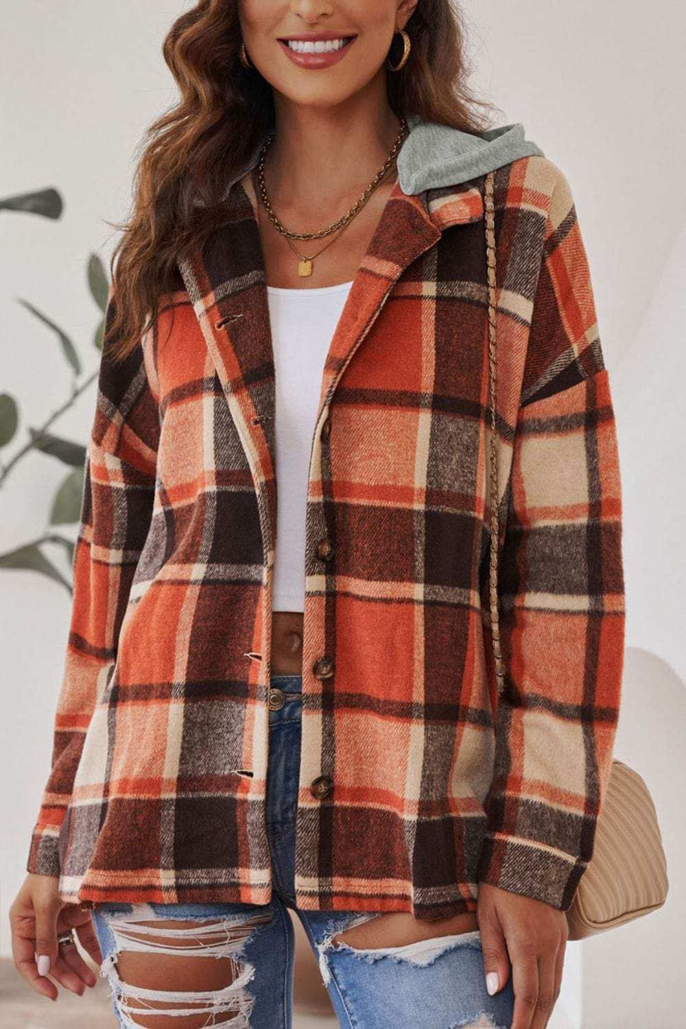 Plaid Button Up Hooded Shacket - Trendsi - Flyclothing LLC
