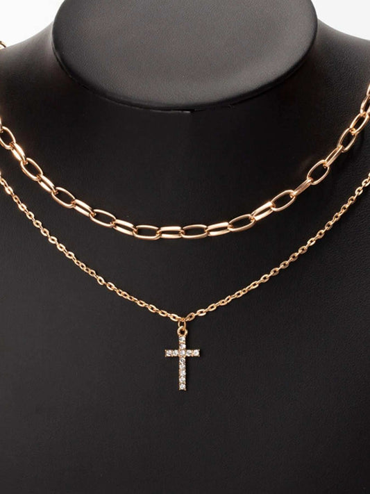 Double Layered Inlaid Zircon Cross Pendant Necklace - Trendsi - Flyclothing LLC