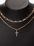 Double Layered Inlaid Zircon Cross Pendant Necklace - Trendsi - Flyclothing LLC