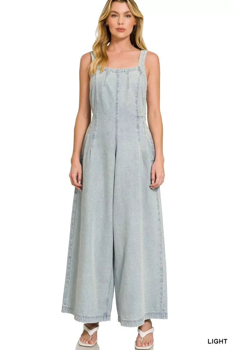 Zenana Denim Light Washed Wide Leg Overalls - Trendsi - Flyclothing LLC