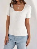 Ribbed Square Neck Short Sleeve Knit Top - Trendsi - Flyclothing LLC