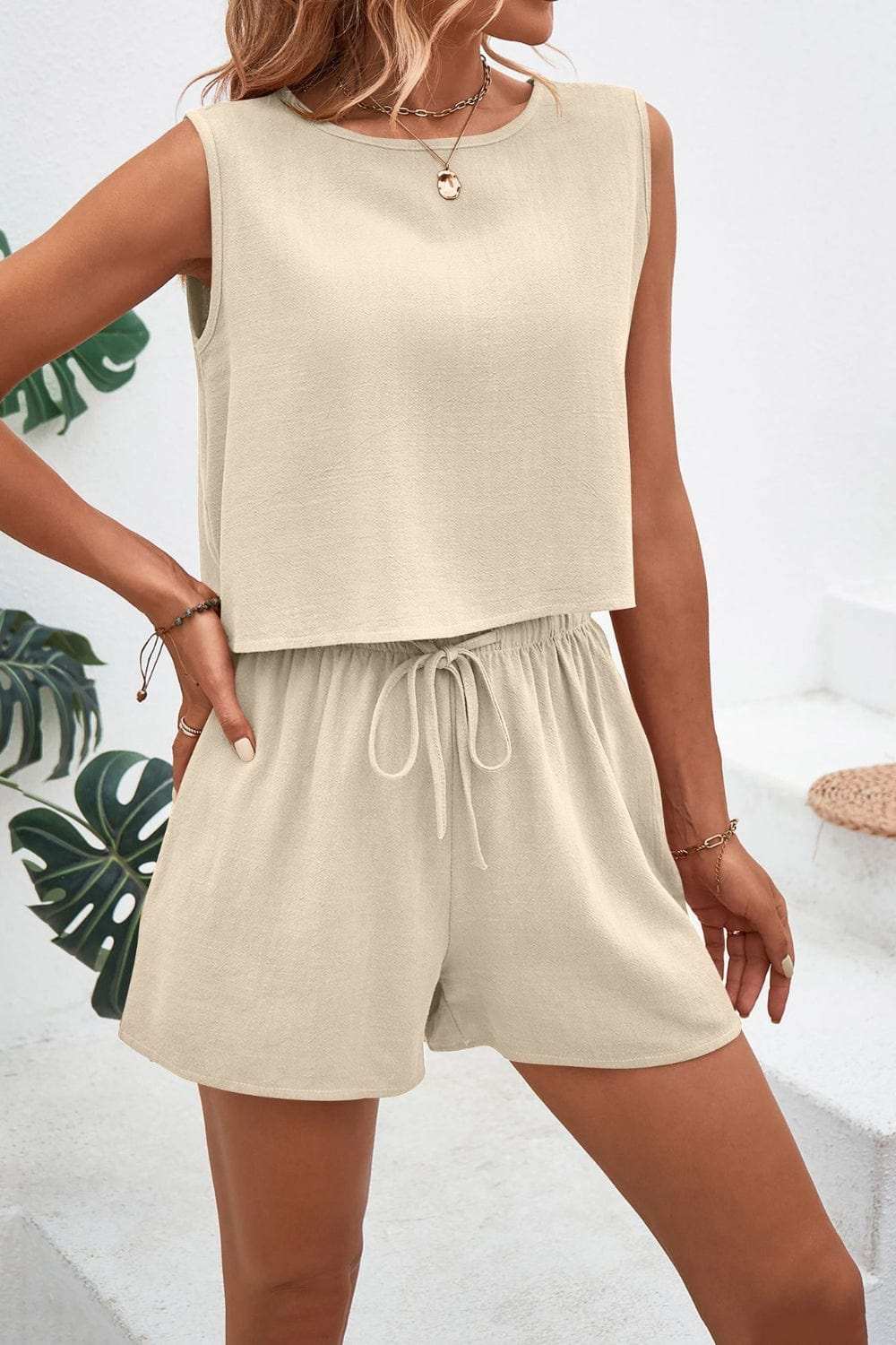 Round Neck Top and Drawstring Shorts Set - Trendsi - Flyclothing LLC