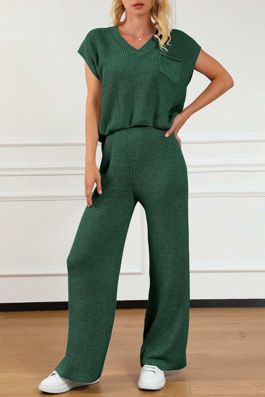 Pocketed V-Neck Top and Wide Leg Sweater Set - Trendsi - Flyclothing LLC
